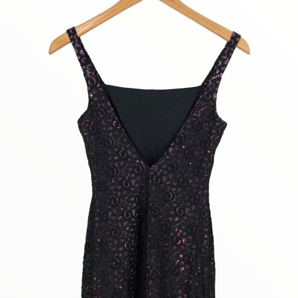 90’s Jessica McClintock Gunne Sax Black Lace Metallic Pink Dot Square Neck Dress - Picture 5 of 13